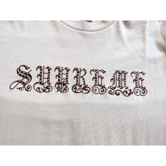 Supreme Shirt Mens Large Old English Script Studded Embellished Rhinestone Tan - Picture 4 of 10